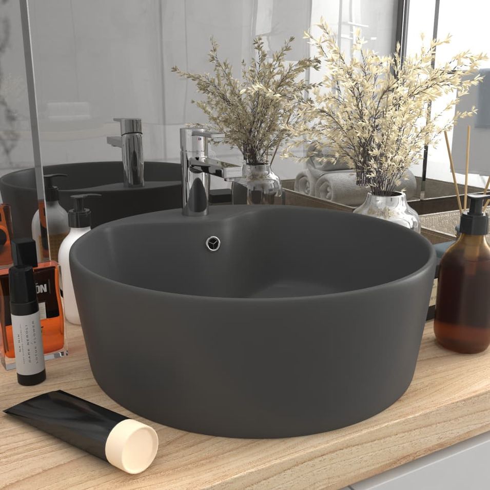 Lavabo de luxe avec trop-plein Gris foncé mat 36x13cm Céramique - Photo n°1