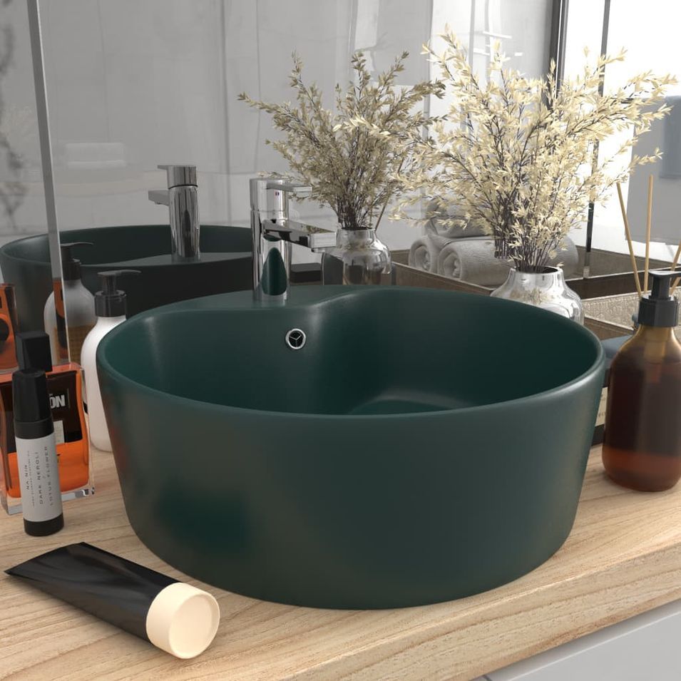 Lavabo de luxe avec trop-plein Vert foncé mat 36x13cm Céramique - Photo n°1