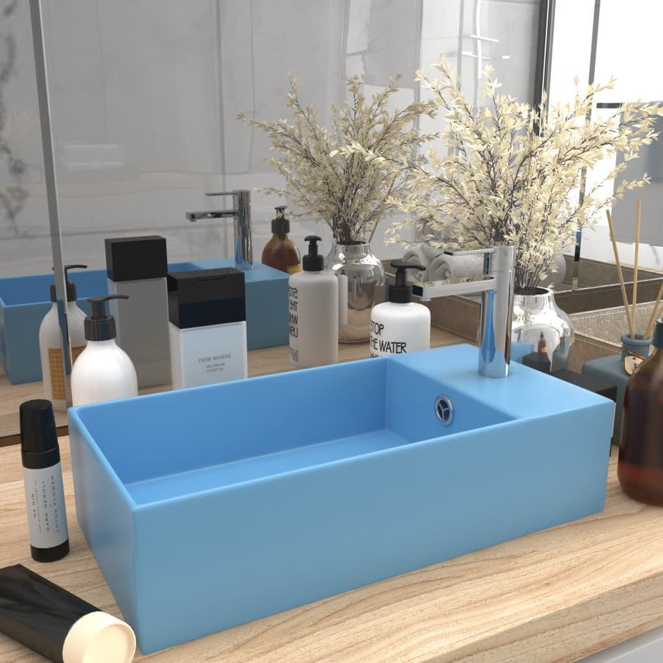 Lavabo de salle de bain avec trop-plein Céramique Bleu clair - Photo n°1