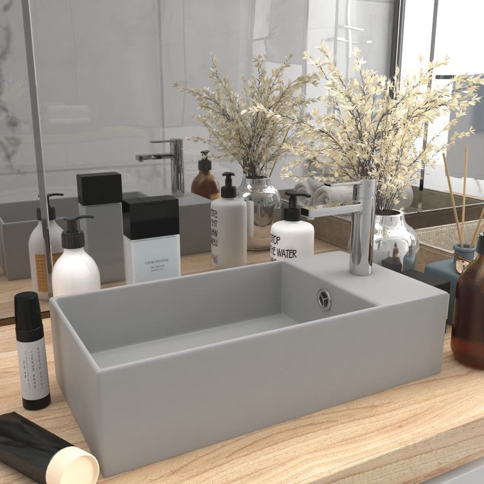 Lavabo de salle de bain avec trop-plein Céramique Gris clair - Photo n°1