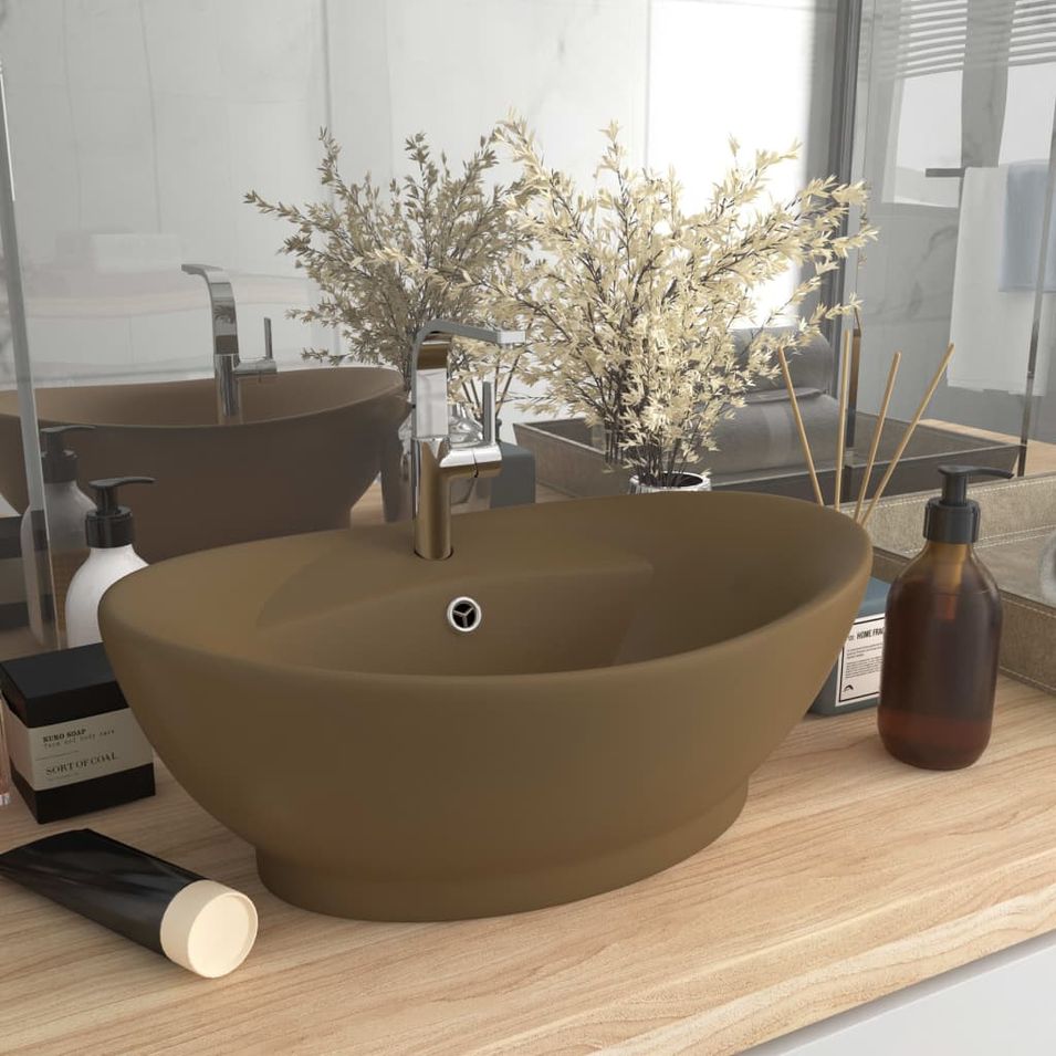 Lavabo ovale de luxe à trop-plein Crème mat 58,5x39cm Céramique - Photo n°1