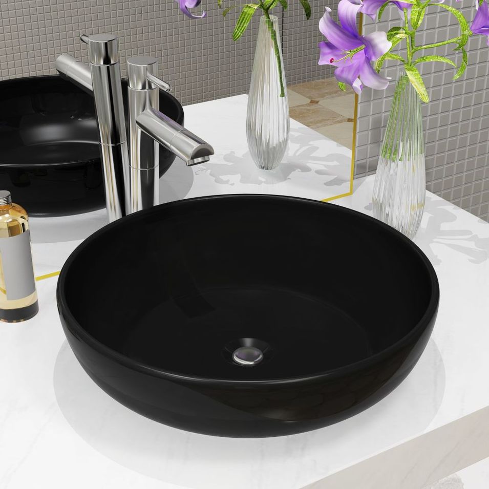 Lavabo rond Céramique Noir 42 x 12 cm - Photo n°1