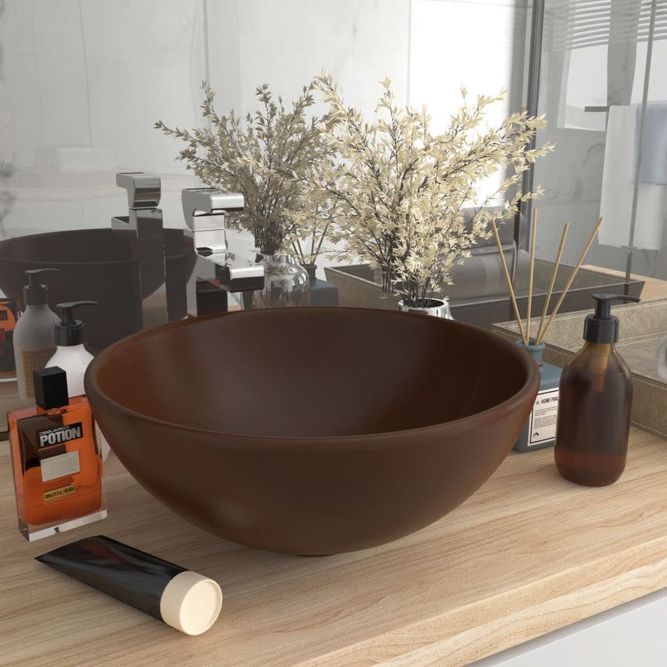 Lavabo rond salle de bain Marron foncé mat 32,5x14 cm Céramique - Photo n°1