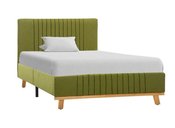 Lit 1 place tissu vert et pieds bois clair Melo 90x200 cm - Photo n°1