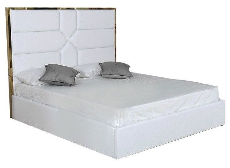 Lit 140x190 cm avec coffre de rangement et tête de lit simili blanc et laiton Delhie - Photo n°1