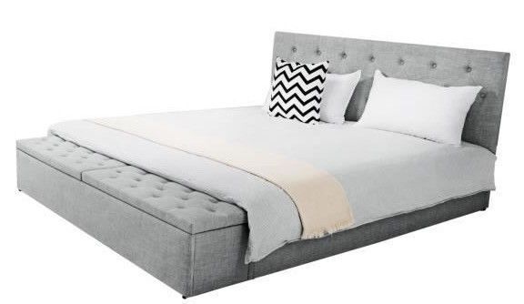 Lit 140x190 cm avec coffre de rangement tissu lin gris clair Boxine - Photo n°1