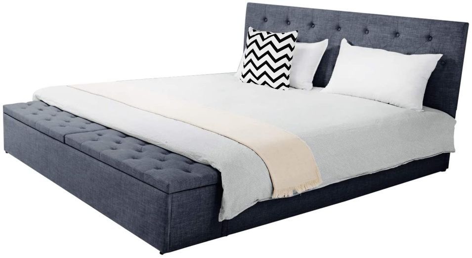 Lit 140x190 cm avec coffre de rangement tissu lin gris foncé Boxine - Photo n°1