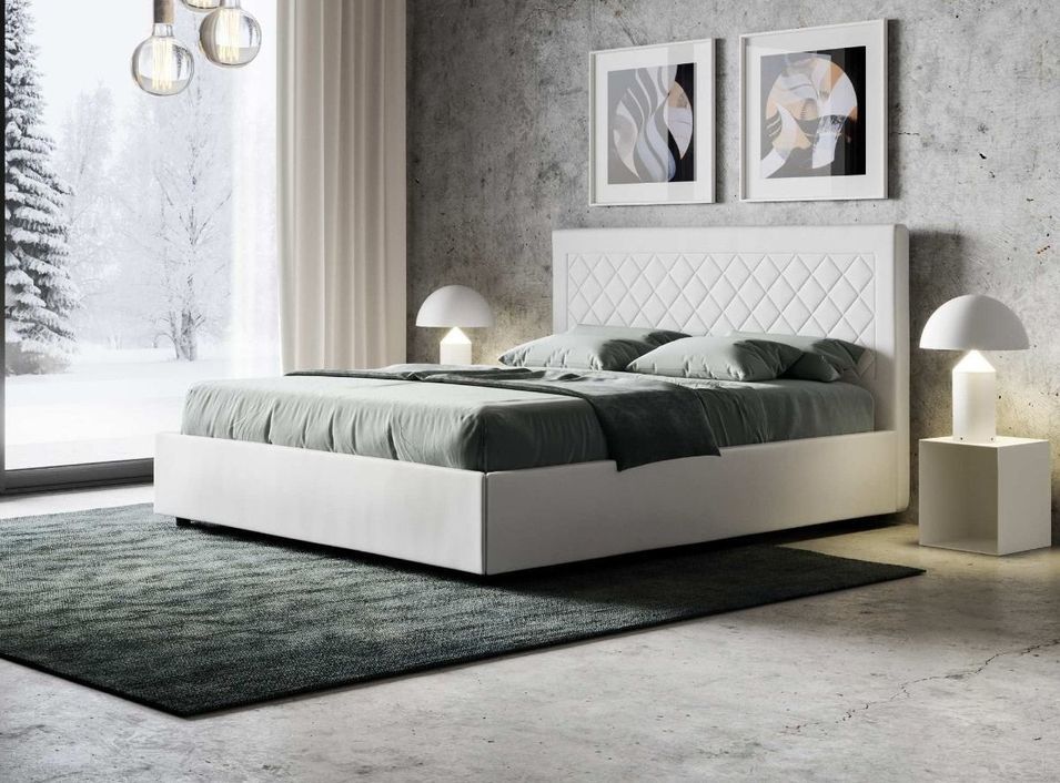 Lit 160x190 cm avec coffre et tête de lit blanche avec un motif en losange Karia - Photo n°1