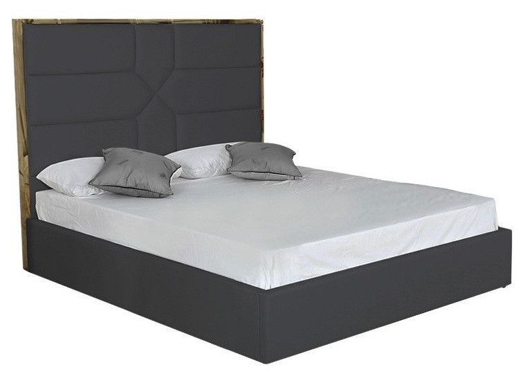 Lit 160x200 cm avec coffre de rangement et tête de lit simili gris et laiton Delhie - Photo n°1