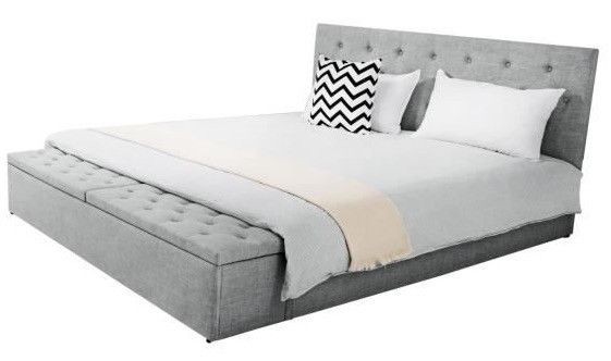 Lit 160x200 cm avec coffre de rangement tissu lin gris clair Boxine - Photo n°1