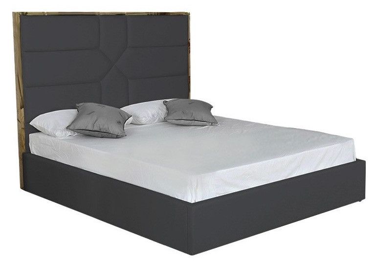 Lit 180x200 cm avec coffre de rangement et tête de lit simili gris et laiton Delhie - Photo n°1