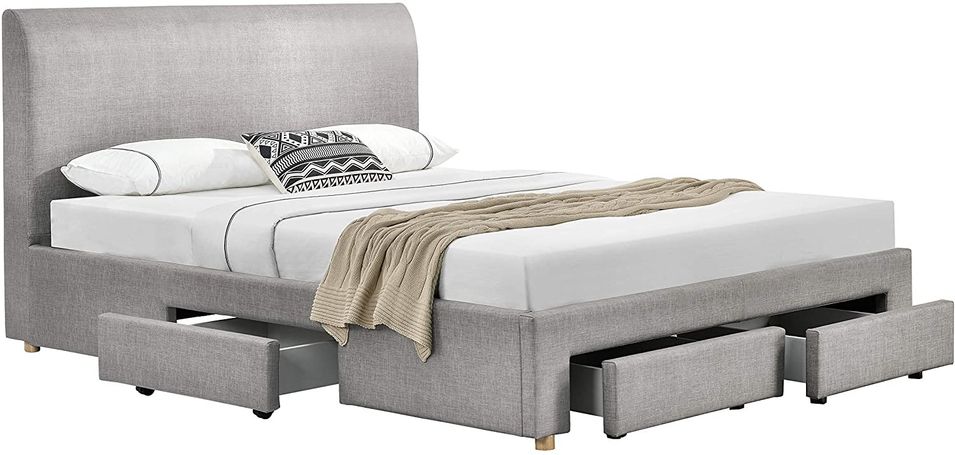 Lit 4 tiroirs 140x190 cm tissu lin gris clair Loina - Photo n°1