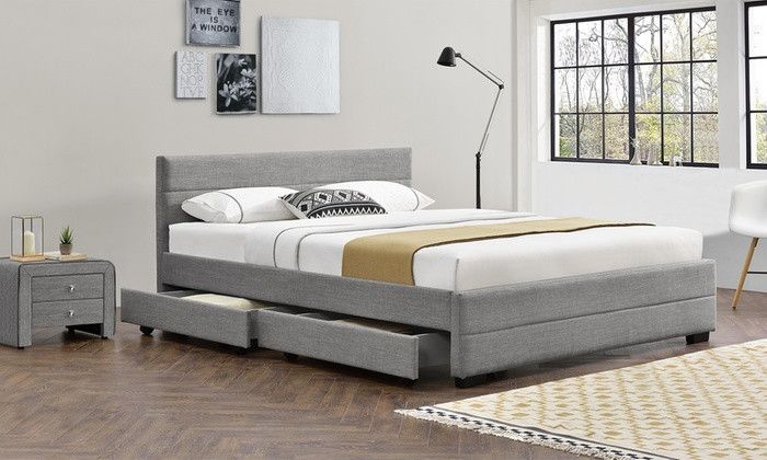 Lit 4 tiroirs 140x190 cm tissu lin gris clair Souba - Photo n°1