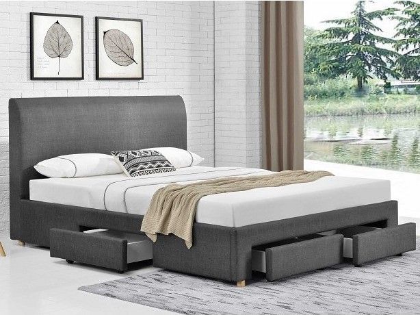 Lit 4 tiroirs 140x190 cm tissu lin gris foncé Loina - Photo n°1