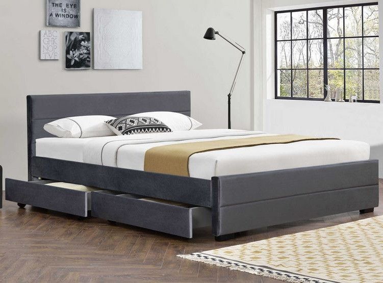 Lit 4 tiroirs 160x200 cm velours gris foncé Souba - Photo n°1