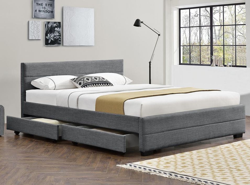 Lit 4 tiroirs 180x200 cm tissu lin gris foncé Souba - Photo n°1