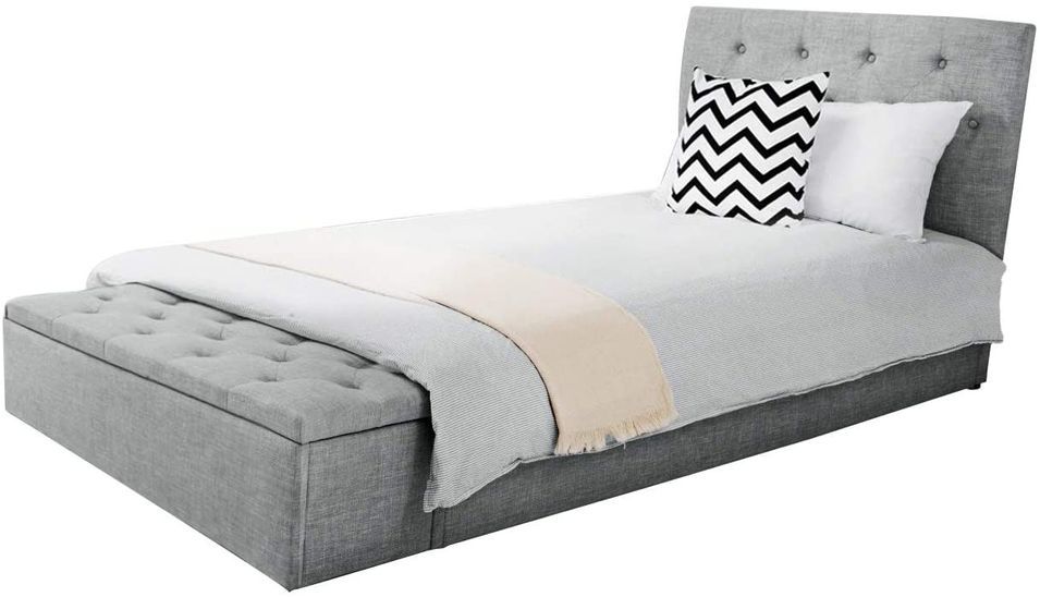 Lit 90x190 cm avec coffre de rangement tissu lin gris clair Boxine - Photo n°1