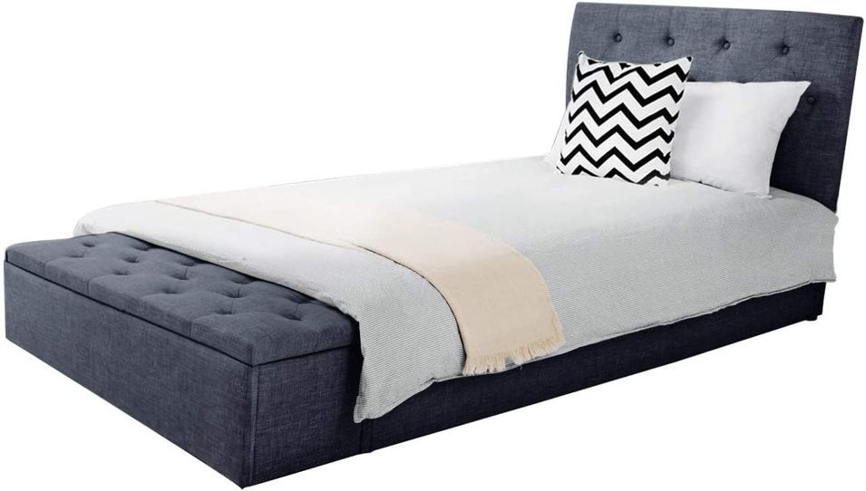 Lit 90x190 cm avec coffre de rangement tissu lin gris foncé Boxine - Photo n°1