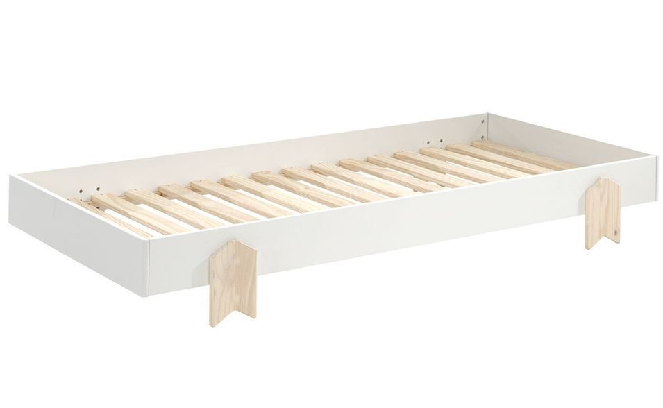 Lit 90x200 cm pin massif blanc et bois clair Ridulo - Photo n°1