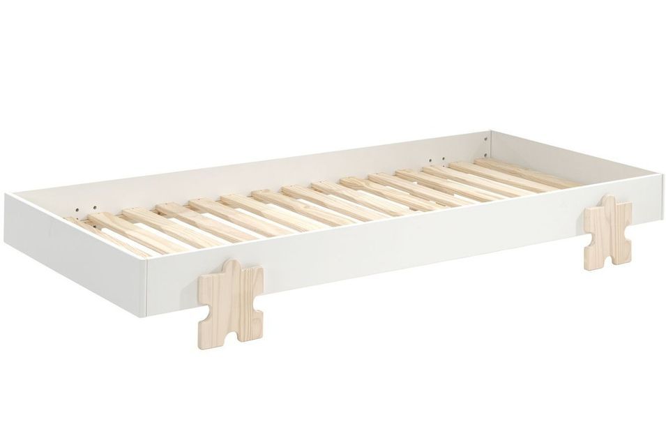 Lit 90x200 cm pin massif blanc et bois clair Valentino - Photo n°1