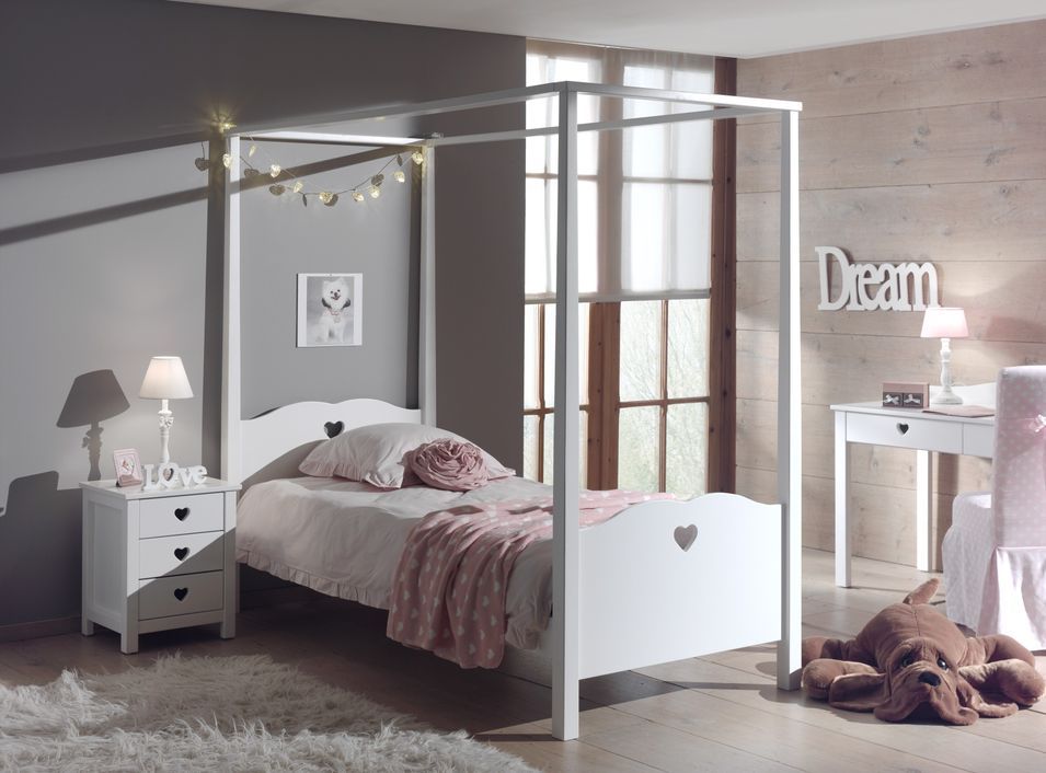 Lit à baldaquin 90x200 cm avec sommier bois laqué blanc Cœur - Photo n°1