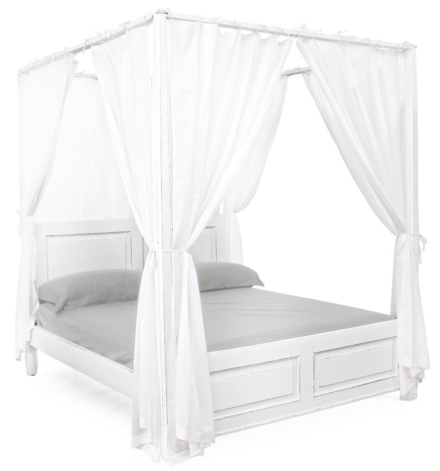 Lit à baldaquin KOLITA 160x200 – Bois massif blanc patiné & rideaux - Photo n°1
