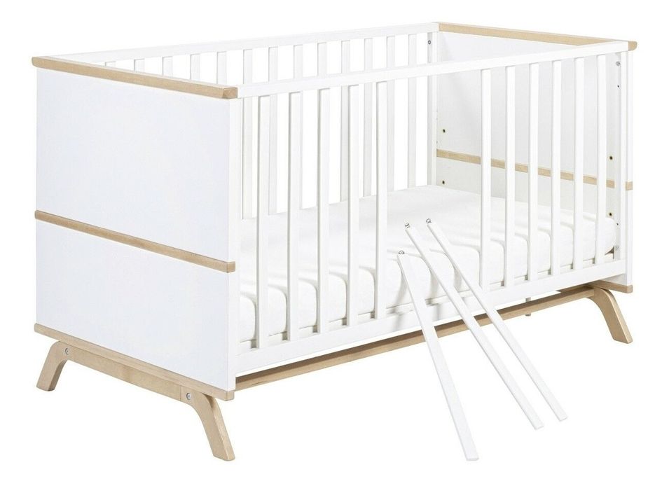 Lit à barreaux chêne massif clair et laqué blanc Vicky 70 - Photo n°1