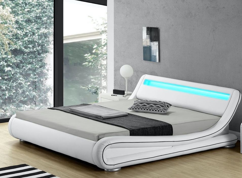 Lit à led 160x200 cm simili cuir blanc liseré noir Night - Photo n°1