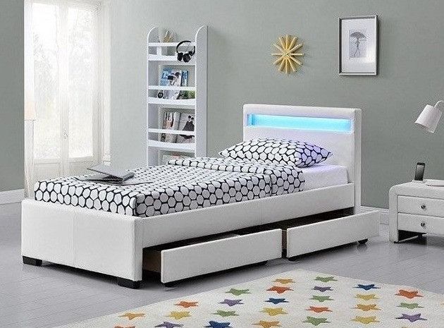 Lit à led 4 tiroirs simili cuir blanc mat Diana 90x190 cm - Photo n°1