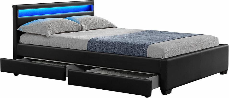 Lit à led avec 4 tiroirs simili cuir Denvers - Photo n°1