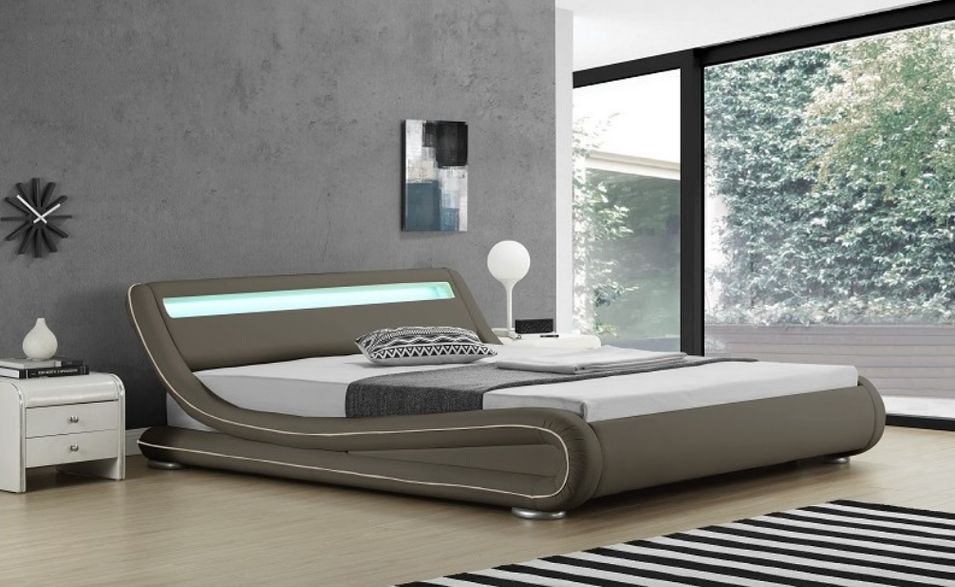 Lit à Led simili cuir taupe liseré crème Night 180 - Photo n°1