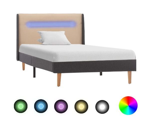 Lit à LED tissu beige et gris et pieds pin massif clair Rouva 100x200 cm - Photo n°1