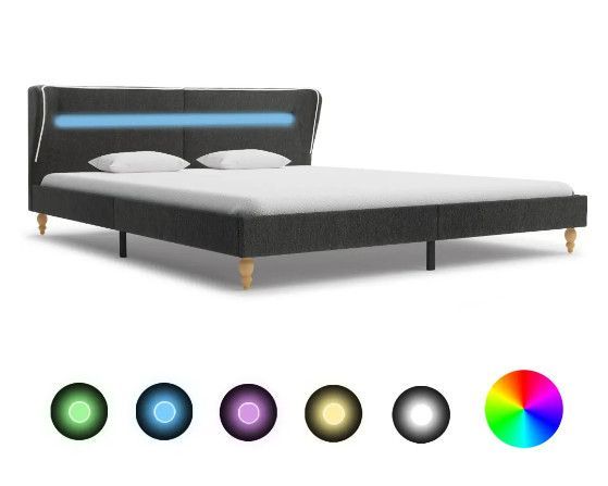Lit à LED tissu gris foncé et pieds hévéa massif clair Garry 180x200 cm - Photo n°1