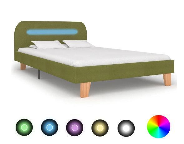 Lit à LED tissu vert et pieds bois massif Indie 120x200 cm - Photo n°1