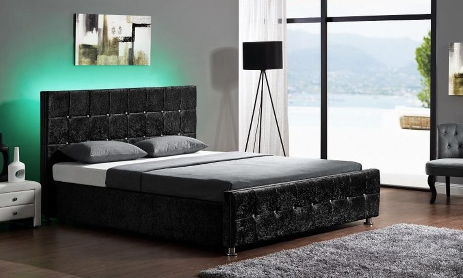 Lit à Led Velours Noir avec coffre 160 Kate + Matelas mémoire 24 cm - Photo n°1