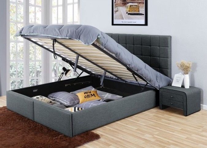 Lit à tiroirs tissu lin gris foncé 160x200 cm Key - Photo n°1