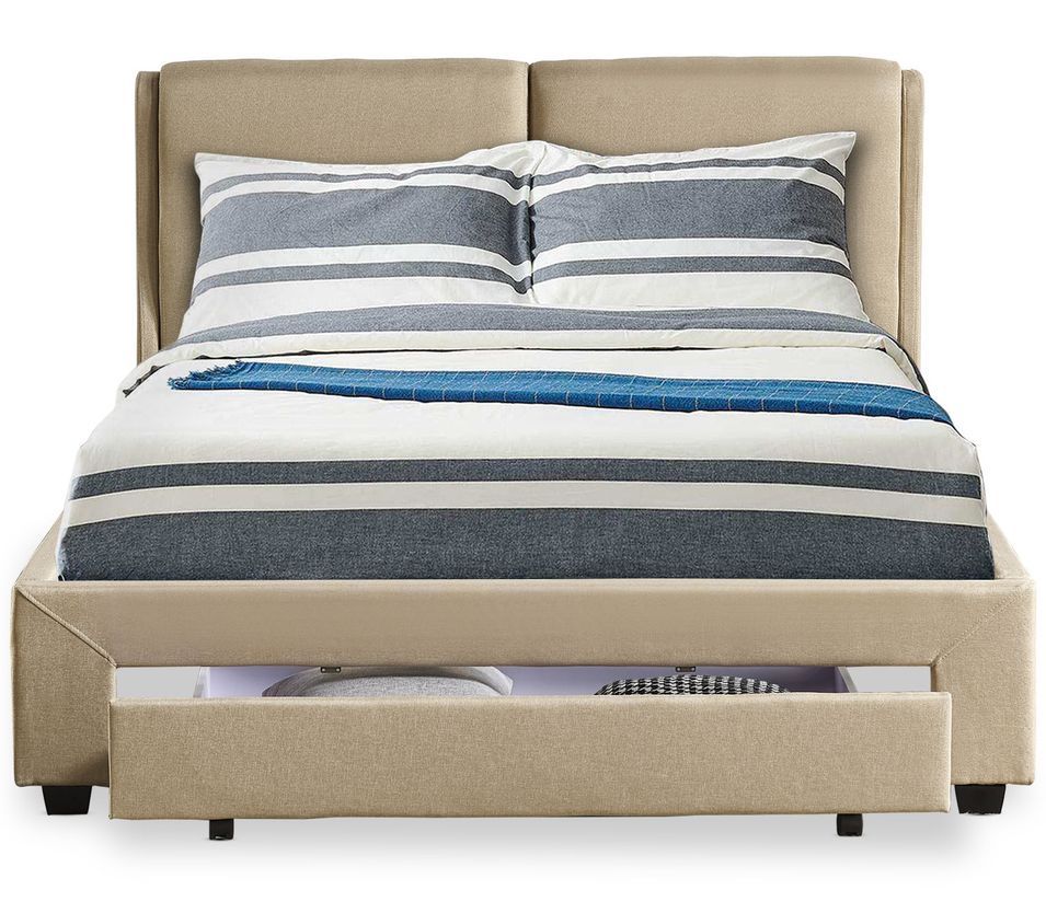 Lit adulte 140x190 cm avec tiroir et sommier tissu beige Frolle - Photo n°1