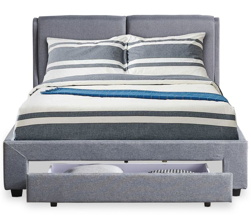 Lit adulte 140x190 cm avec tiroir et sommier tissu gris Frolle - Photo n°1
