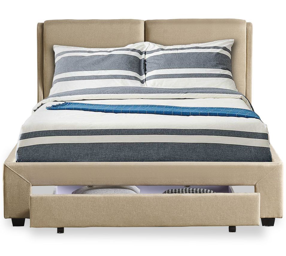 Lit adulte 160x200 cm avec tiroir et sommier tissu beige Frolle - Photo n°1