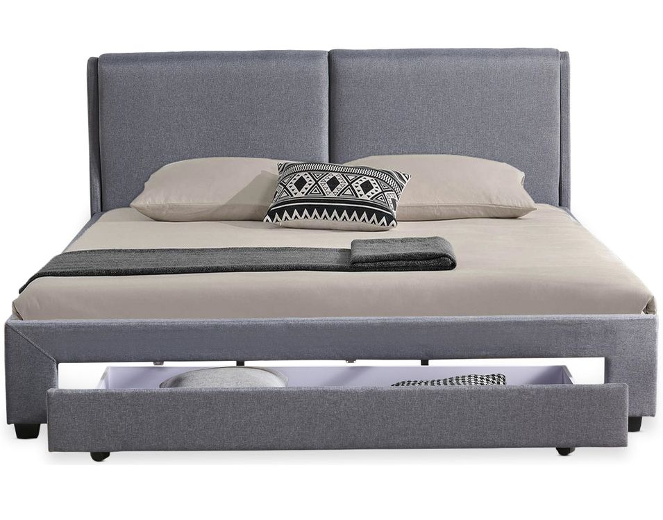 Lit adulte 180x200 cm avec tiroir et sommier tissu gris Frolle - Photo n°1