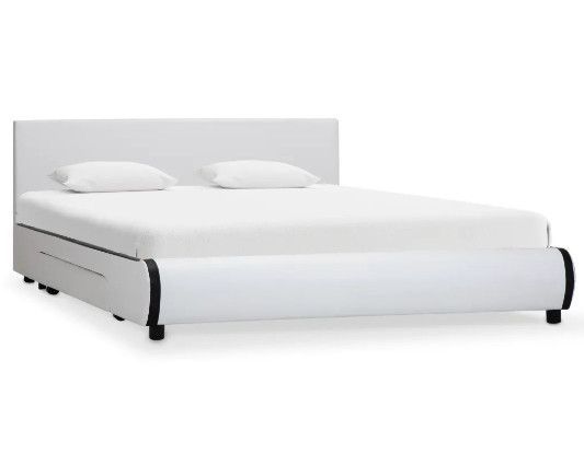 Lit adulte 2 tiroirs simili cuir blanc et pieds bois massif noir Nyam 140x200 cm - Photo n°1