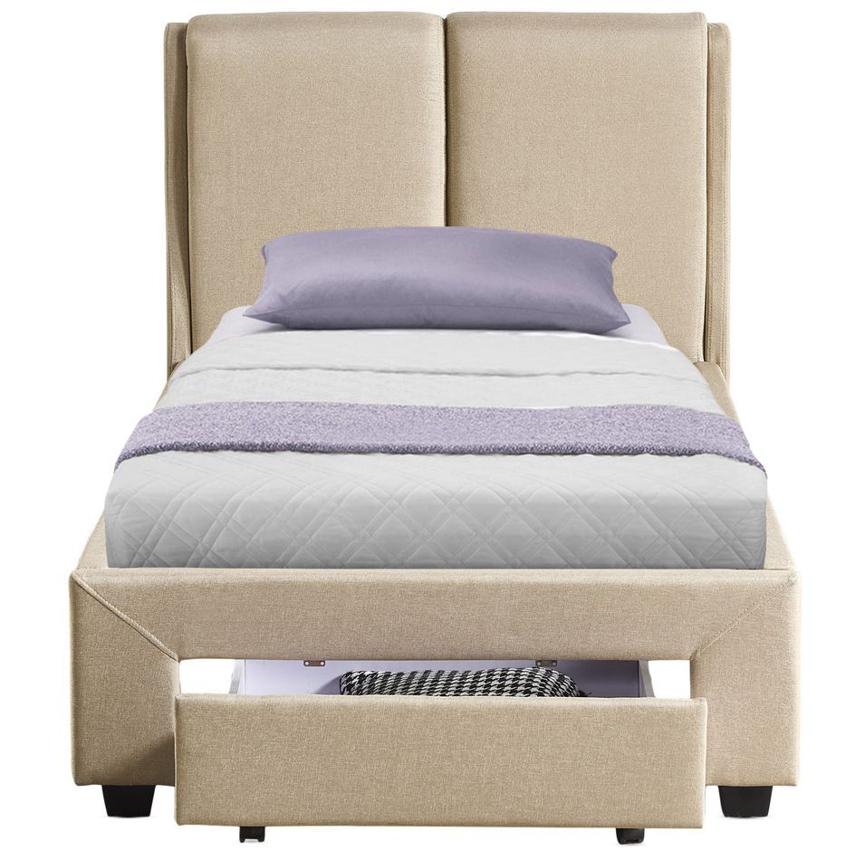 Lit adulte 90x190 cm avec tiroir et sommier tissu beige Frolle - Photo n°1