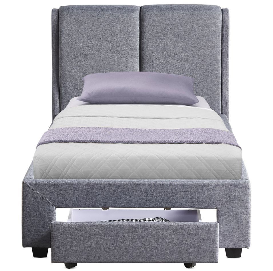 Lit adulte 90x190 cm avec tiroir et sommier tissu gris Frolle - Photo n°1