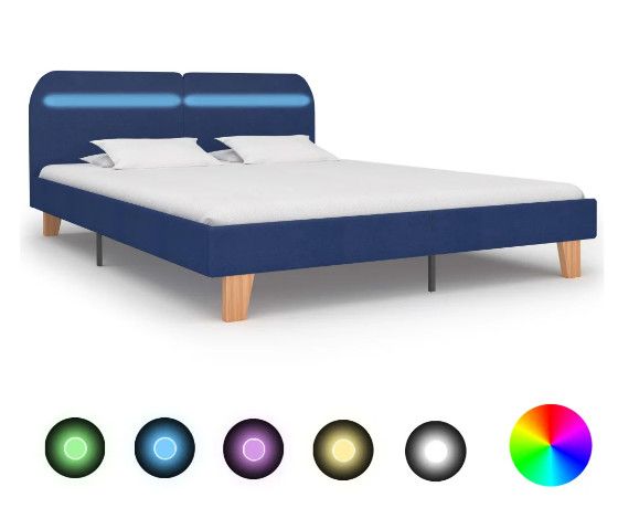 Lit adulte à LED tissu bleu et pieds bois massif clair Indie 160x200 cm - Photo n°1