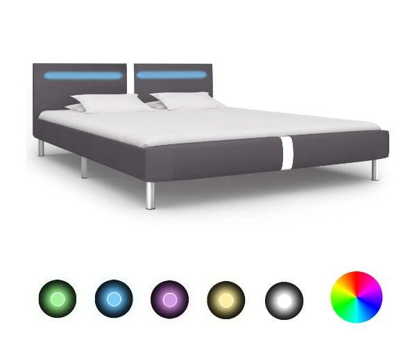 Lit adulte à LED tissu simili cuir gris et pieds métal chromé Andou 180x200 cm - Photo n°1