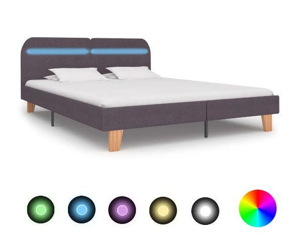 Lit adulte à LED tissu taupe et pieds bois massif clair Indie 160x200 cm - Photo n°1