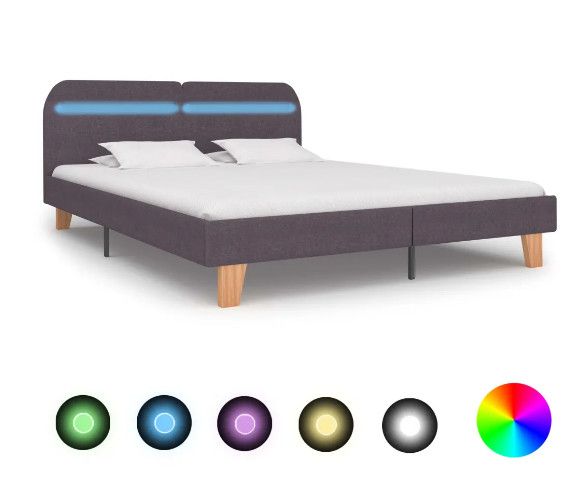 Lit adulte à LED tissu taupe et pieds bois massif clair Indie 180x200 cm - Photo n°1