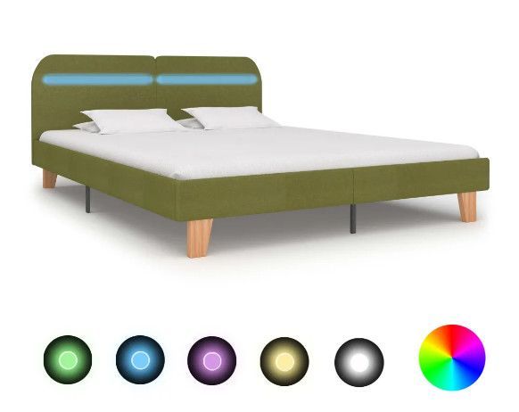 Lit adulte à LED tissu vert et pieds bois massif clair Indie 160x200 cm - Photo n°1