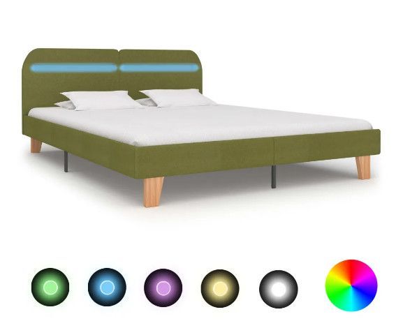Lit adulte à LED tissu vert et pieds bois massif clair Indie 180x200 cm - Photo n°1