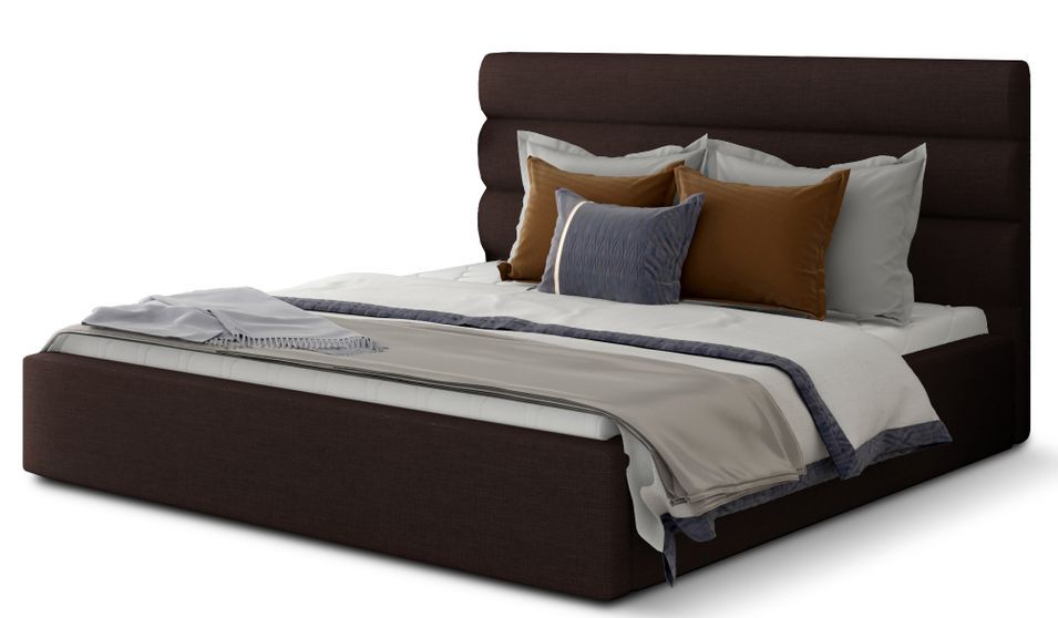 Lit adulte avec coffre de rangement Klarina - Tissu rembourré - Photo n°1